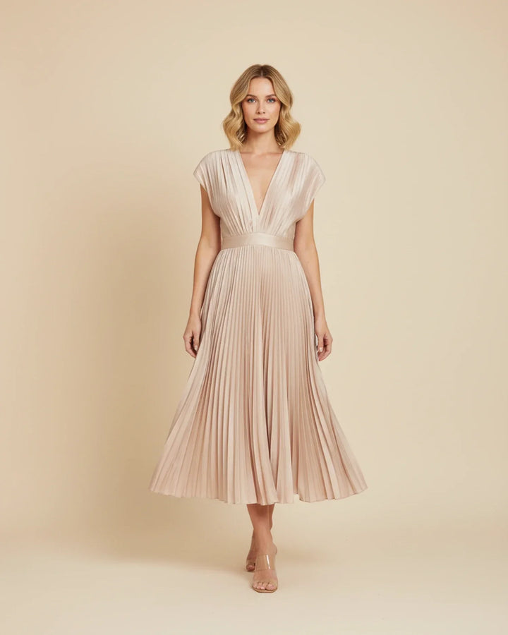 Rose gold formal V-neck pleated midi dress, perfect women's occasion wear or wedding guest attire.