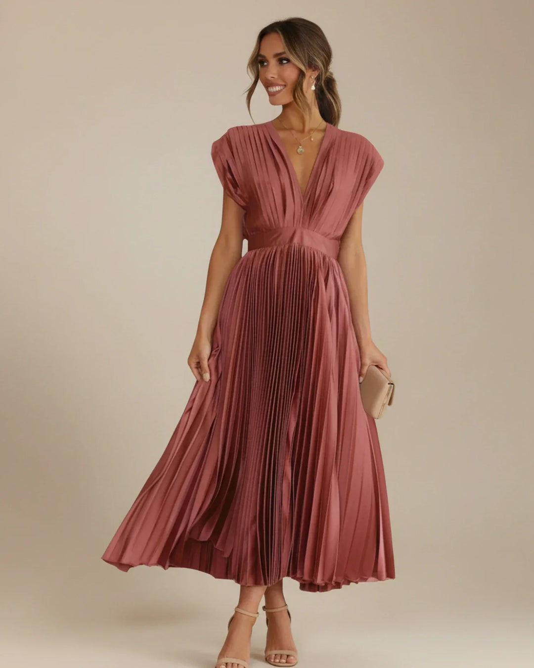 Women's elegant fit & flare midi dress with V-neckline & pleats, suitable for party or formal events.