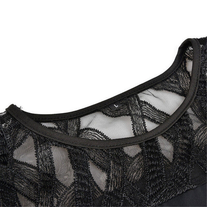 Elegant plus size midi dress for women, delicate lace sleeves, perfect for evening wear.