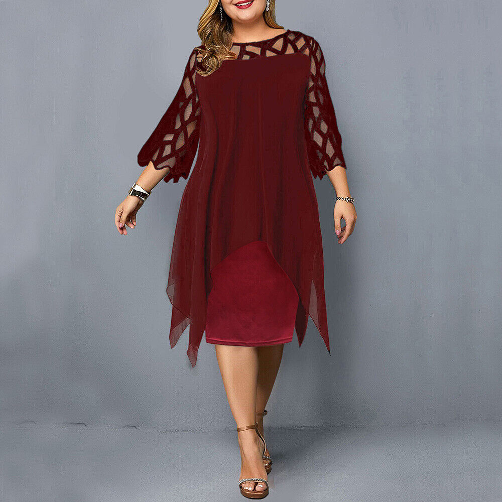 Plus size women's elegant midi dress with delicate lace sleeves, comfortable fit, perfect for evening.