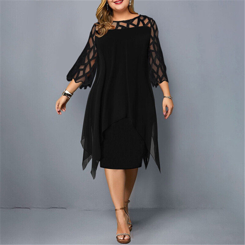 Women's elegant plus size midi dress with delicate lace sleeves, flowy, great for parties & evenings.