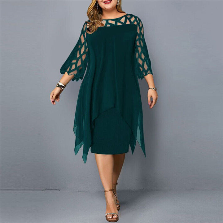 Stylish plus size midi dress for women, delicate lace sleeves, round neck, comfortable & versatile.
