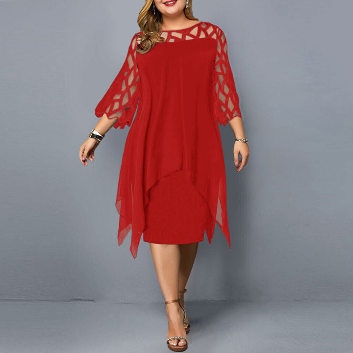 Elegant plus size midi dress with delicate lace sleeves, women's sophisticated evening & party fashion.
