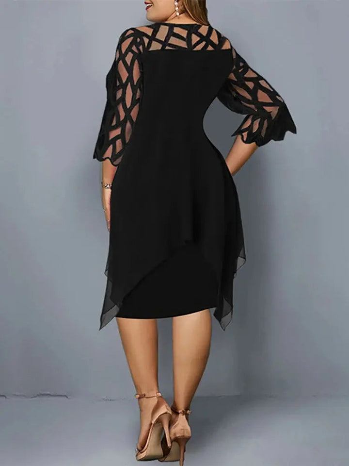 Elegant plus size midi dress for women, featuring short sleeves & round neck. Perfect for special occasions or party wear.