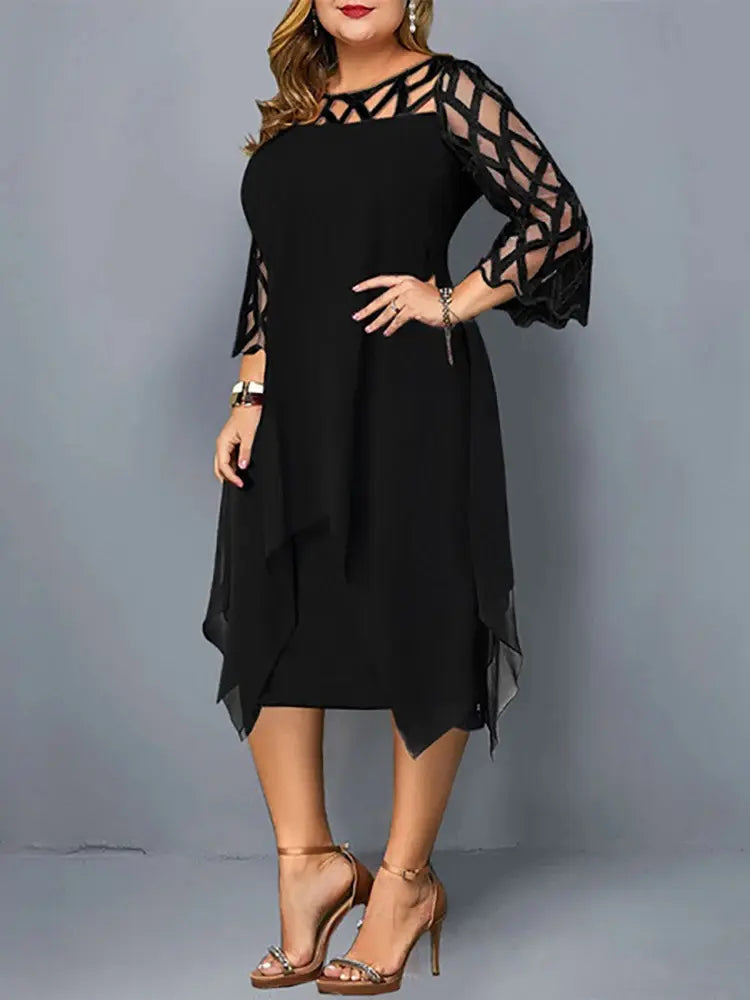 Comfortable women's plus size midi dress, versatile for everyday wear, summer or fall fashion. Short sleeve, round neck style.