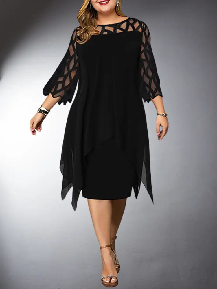 Chic plus size midi dress for women, ideal for party wear or a casual day out. Elegant short sleeve and flattering round neck.