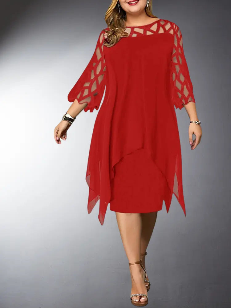 Beautiful plus size women's midi dress, elegant and comfortable with short sleeves & a round neck. Perfect for special events.