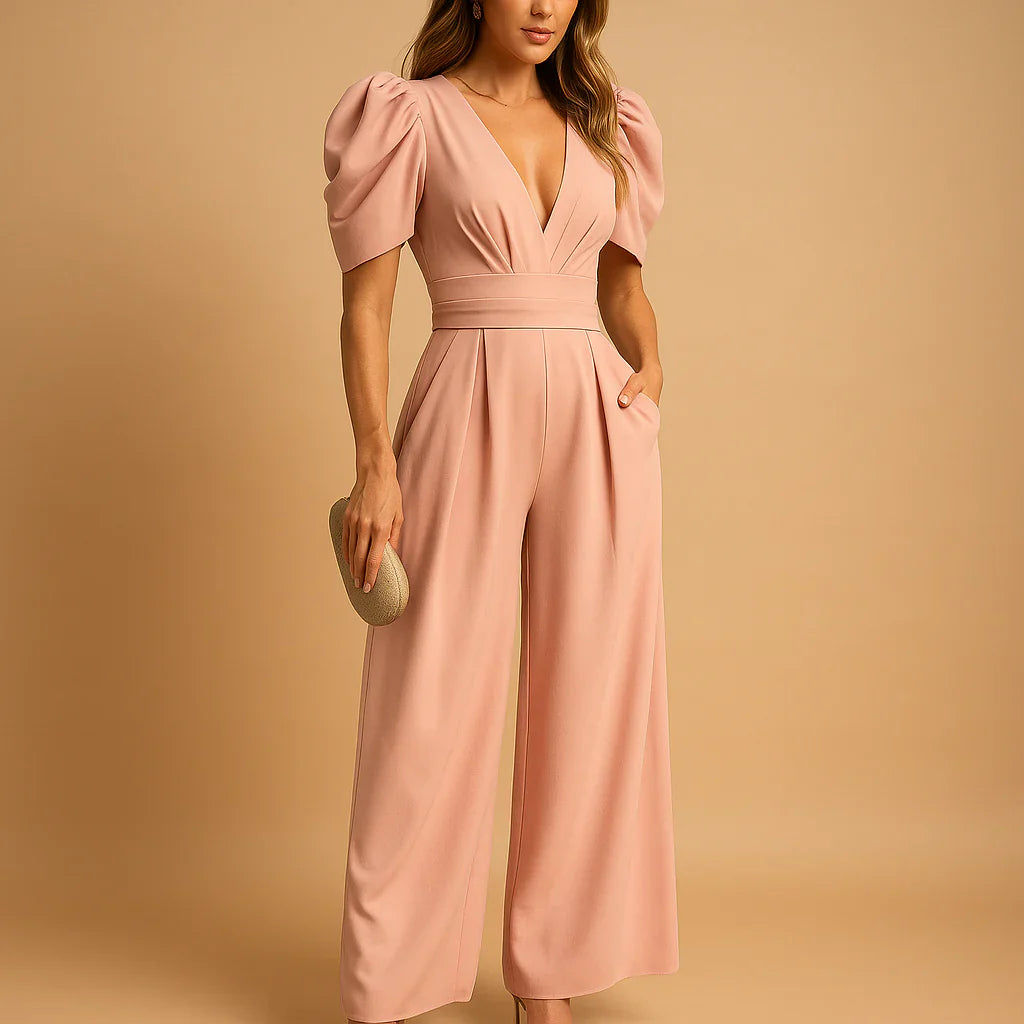Elegant women's jumpsuit with puff sleeves in black, perfect for galas.