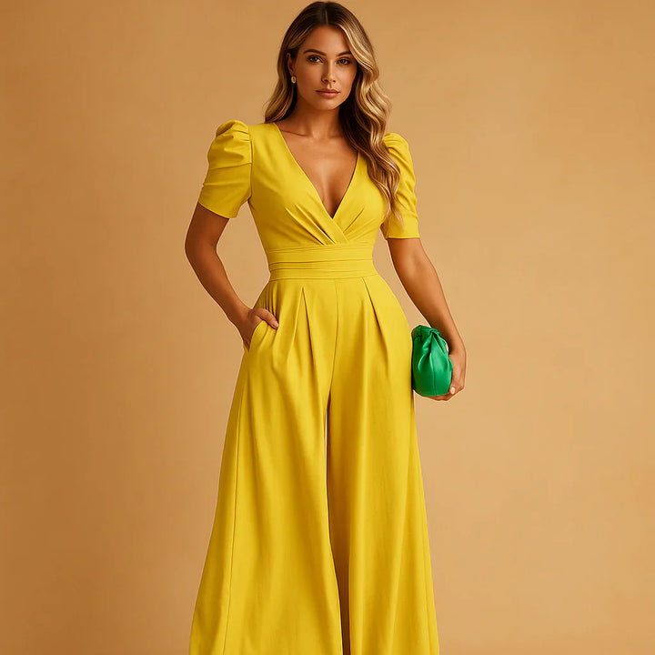 Close-up on the detailed puff sleeves of a flattering women's elegant jumpsuit.