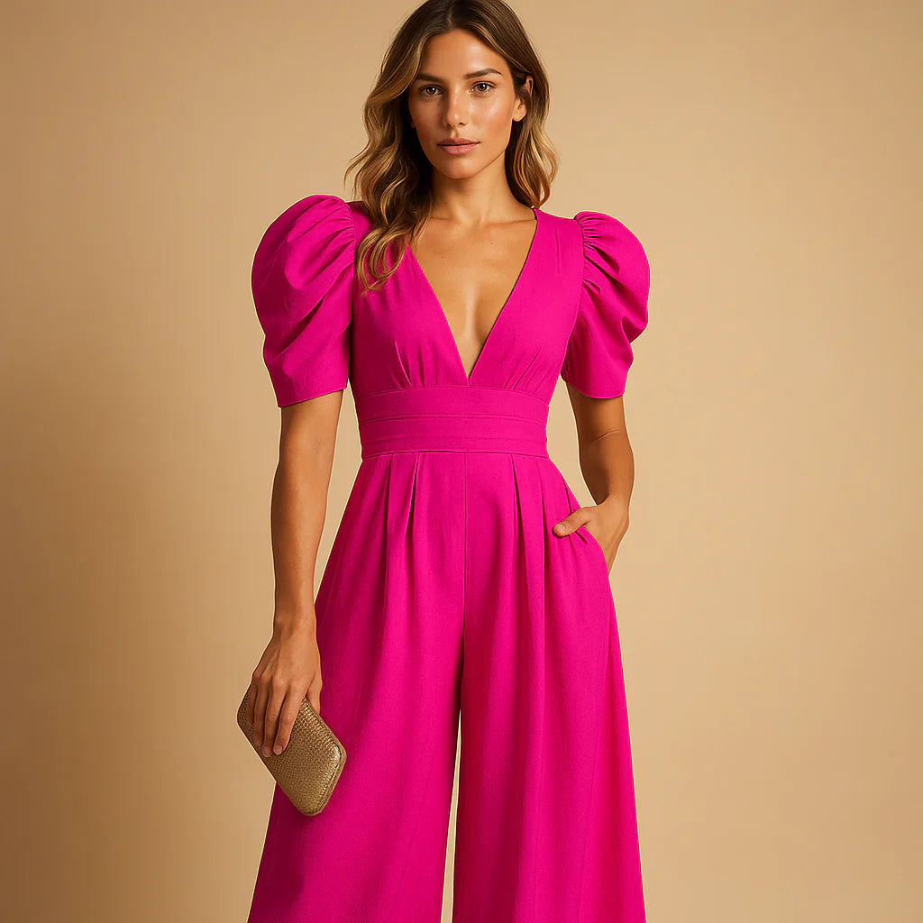 Stylish women's fashion: a formal puff sleeve jumpsuit ideal for evening events.