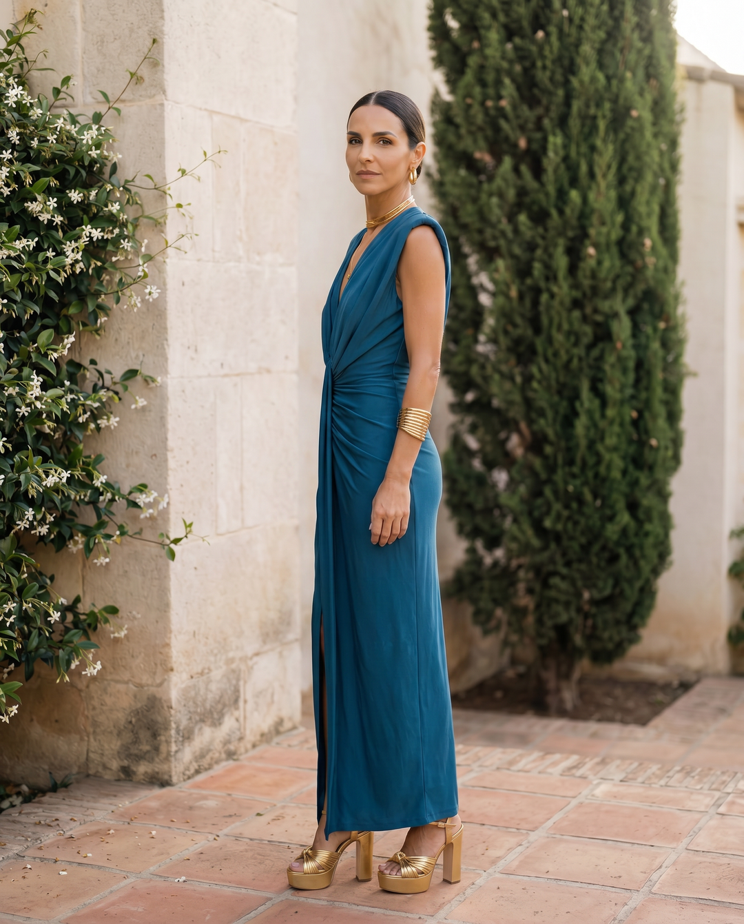 Draped purple sleeveless dress for women, a formal and elegant choice for evening events.
