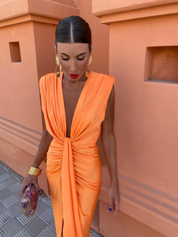 Chic orange draped evening gown for women, ideal for formal special occasions.