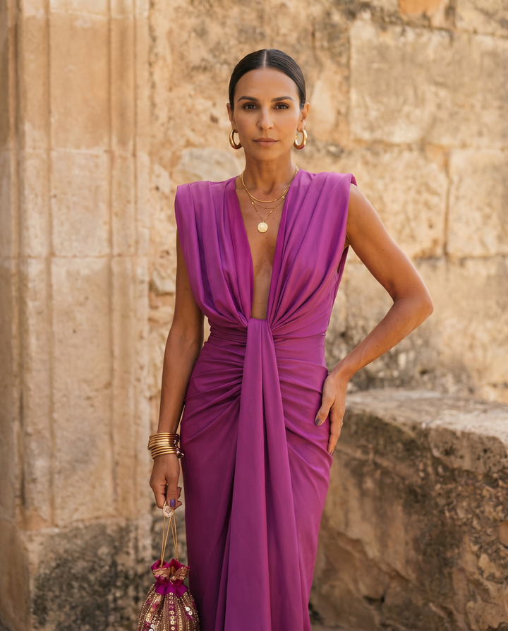Orange elegant draped evening dress, a sophisticated women's garment for formal events.