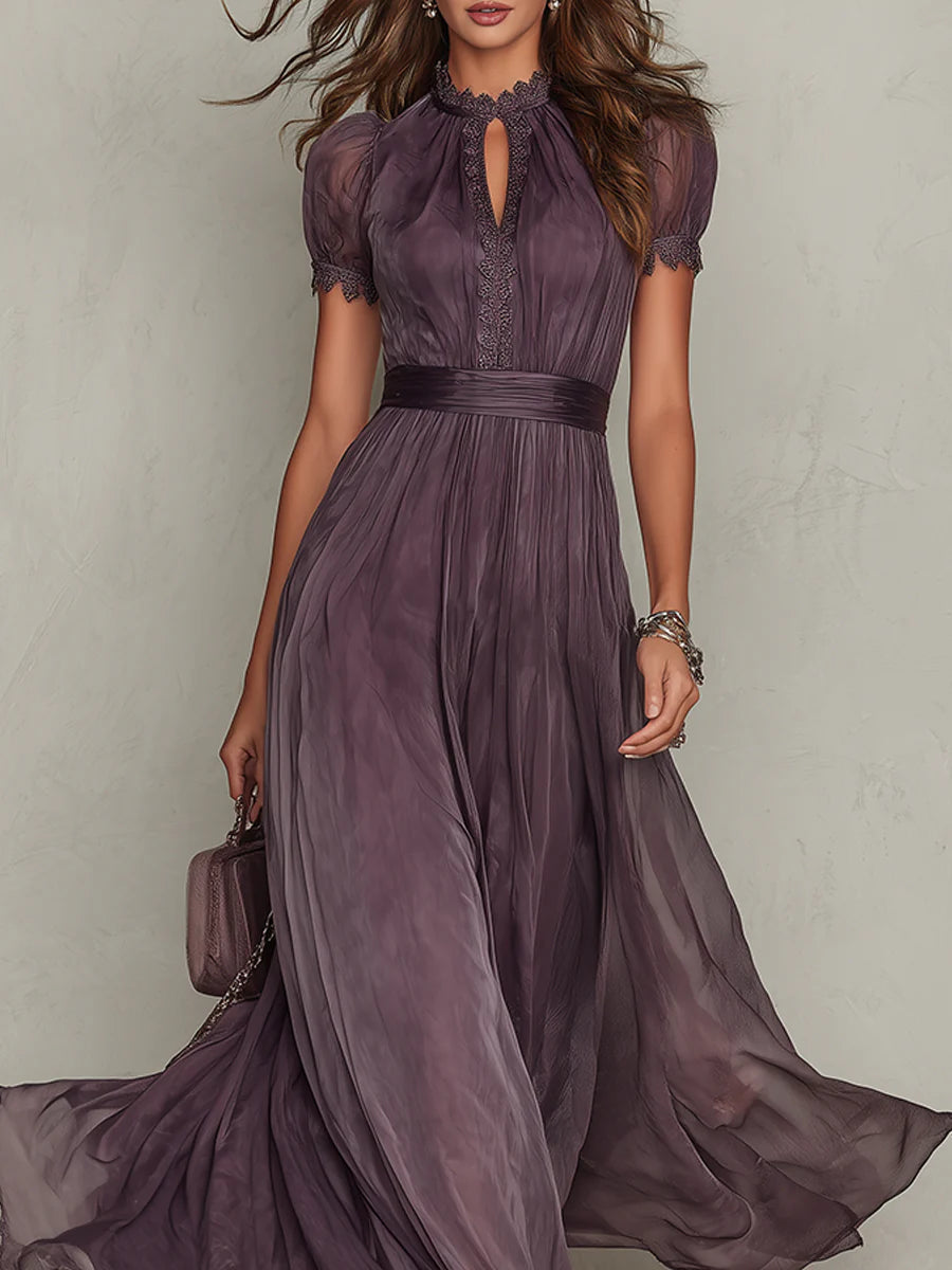 Women's elegant flowy purple long dress featuring a stylish drop-neck design for formal evening wear.