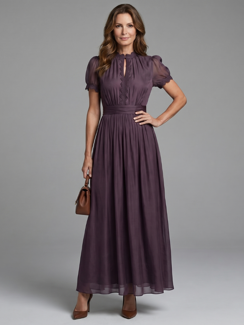 Elegant purple maxi dress for women with keyhole neckline, gathered waist, and short sleeves, perfect for summer.
