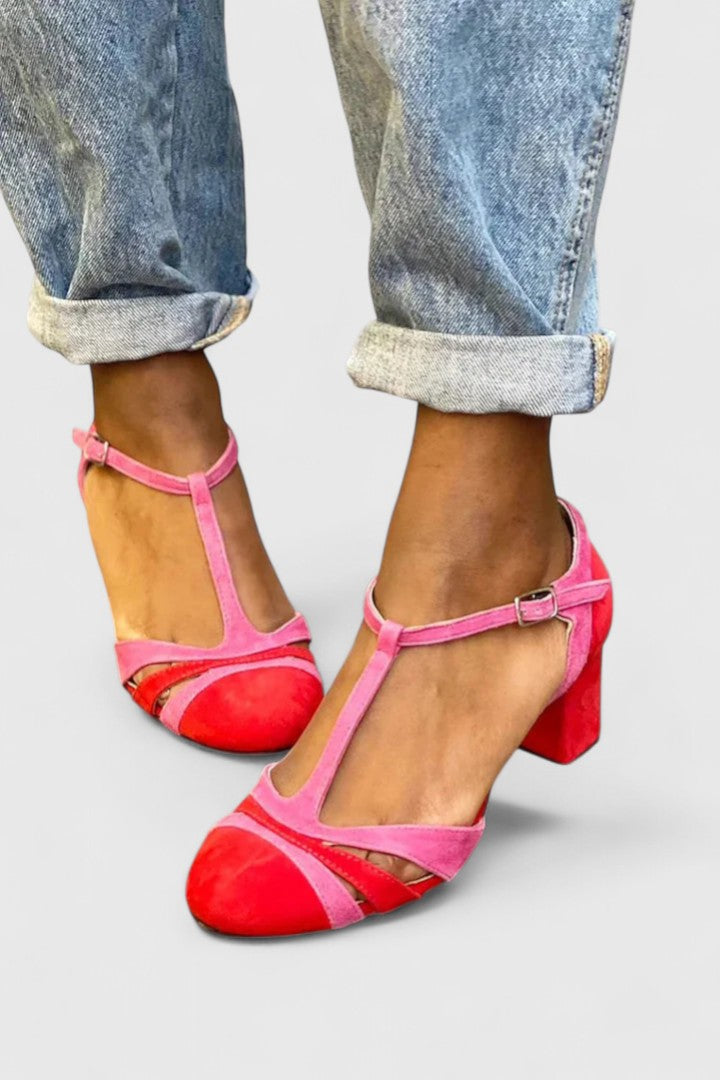 Elegant red orthopaedic heels for women, featuring arch support & all-day comfort. Perfect comfortable dress shoes.