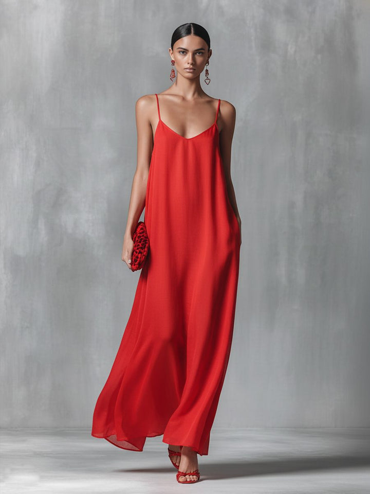 Women's chic V-neck spaghetti strap maxi dress. Comfortable and flowing, ideal for beach, casual outings, or summer events.