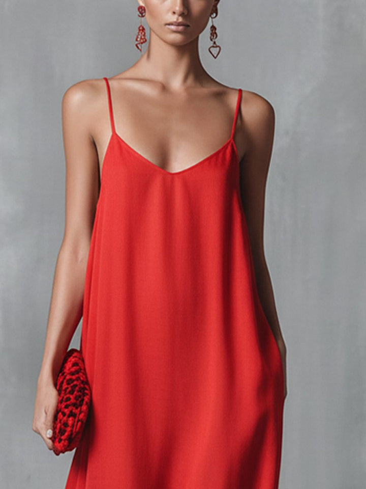 Stylish women's V-neck spaghetti strap maxi dress. Versatile, elegant, and flowing for evening, resort, or casual wear.