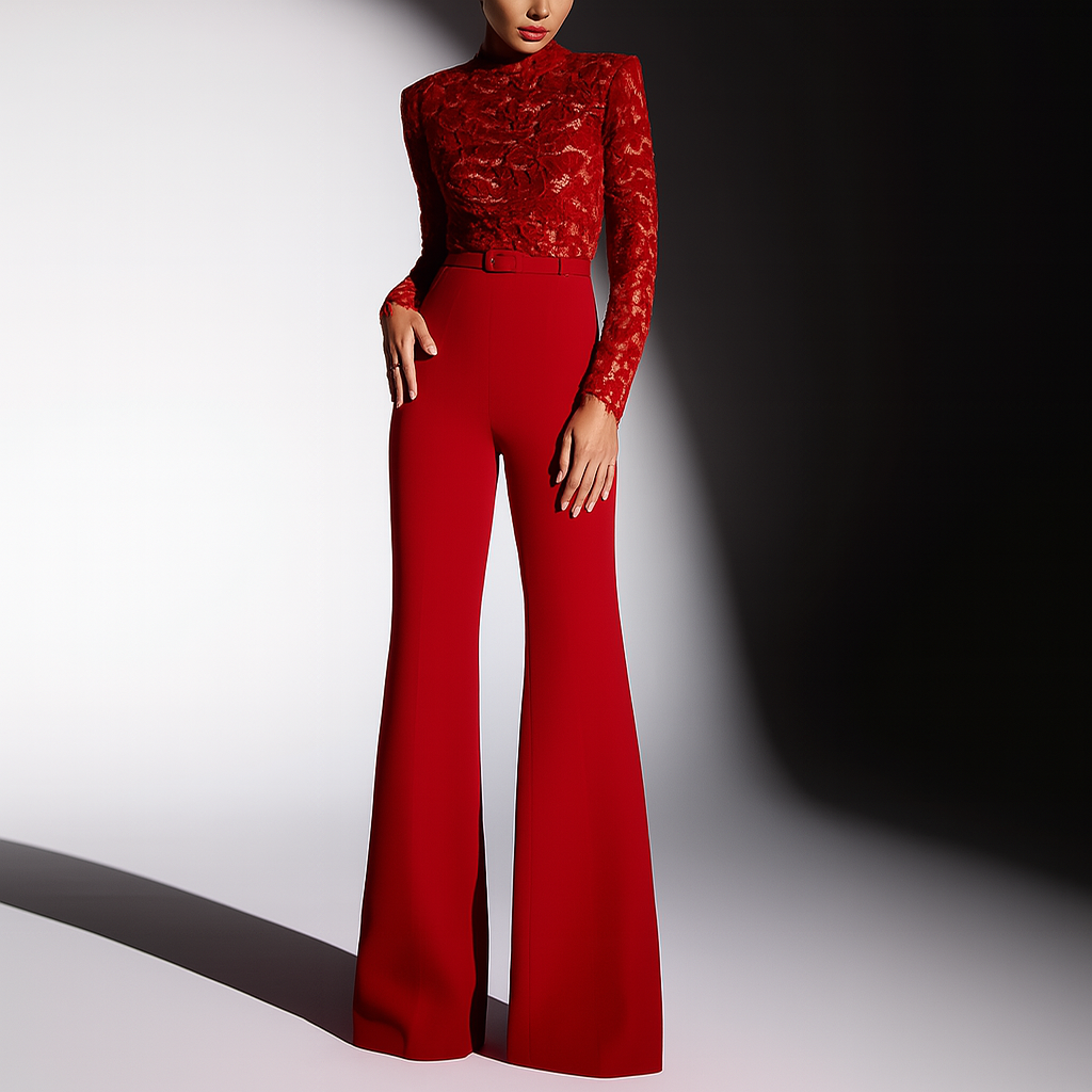 Elegant red women's jumpsuit with intricate embroidery, flared wide legs, and a belted waist for formal evening wear.