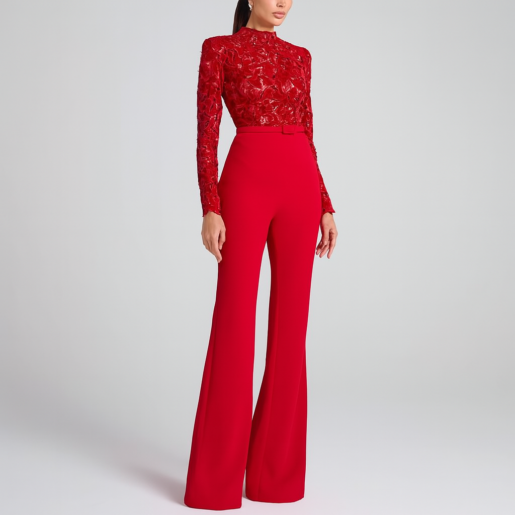 Sophisticated red embroidered jumpsuit for women. Features wide flared legs & a belted waist, perfect for special occasions.