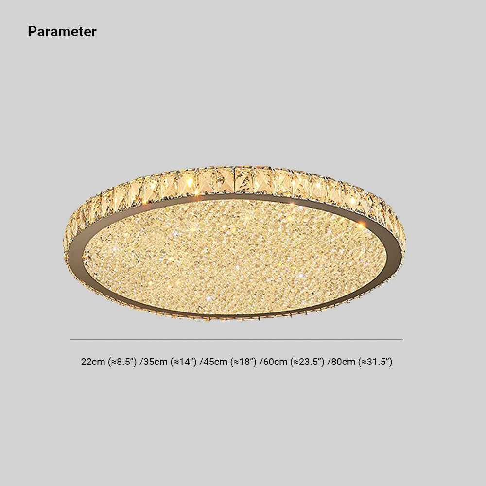 Luxury round crystal LED flush mount ceiling light. Elegant modern lighting for bedroom, living room or dining room.