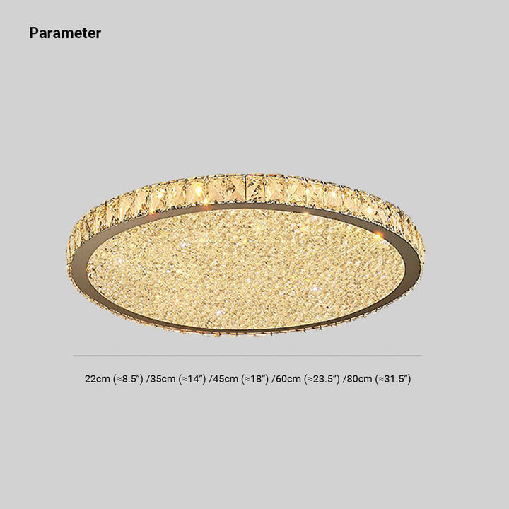Luxury round crystal LED flush mount ceiling light. Elegant modern lighting for bedroom, living room or dining room.