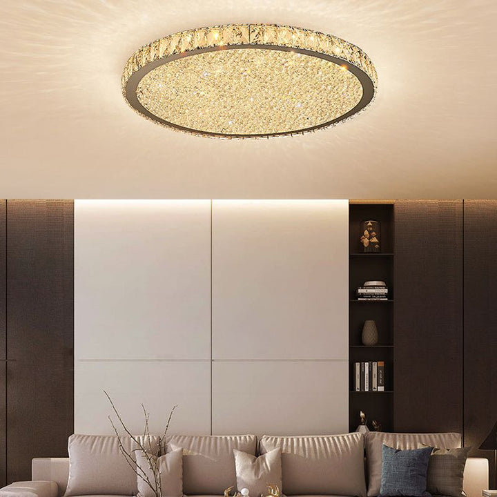 Stylish round crystal LED flush mount ceiling light. Contemporary home decor lighting for a bright, modern interior.