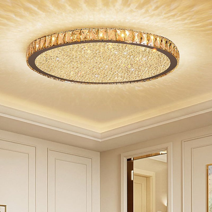 Beautiful round crystal LED ceiling light, a modern flush mount fixture that adds elegant decorative lighting to any room.