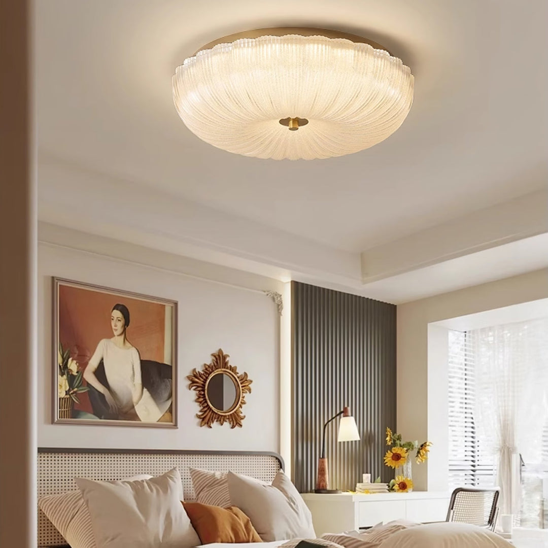 Modern round flush mount ceiling light, elegant rippled glass, ideal for low ceilings.