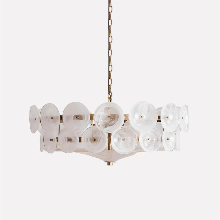 Side view of a sophisticated round glass and metal ceiling chandelier.