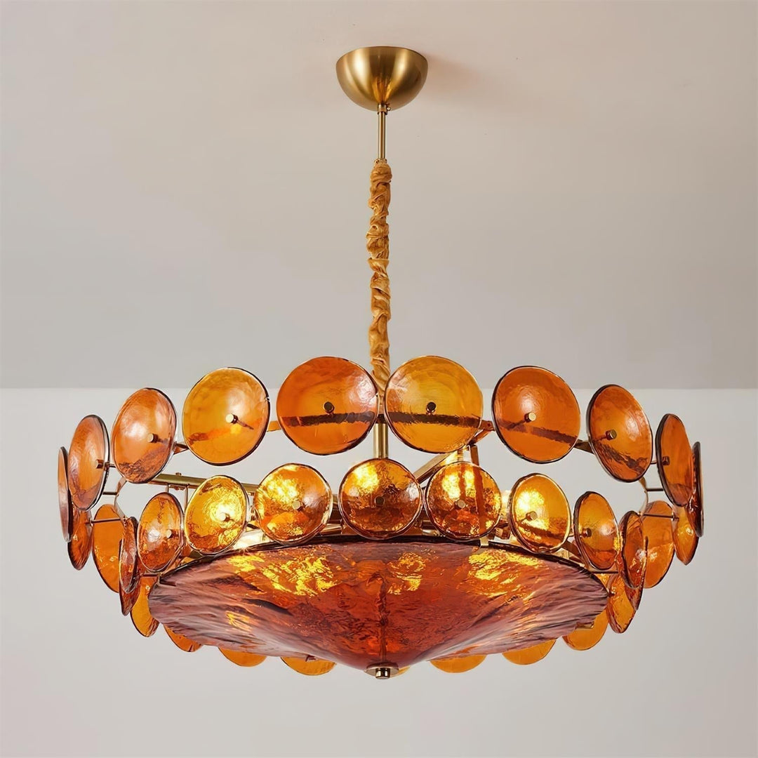Grand round glass and metal chandelier for high-ceiling elegant spaces.