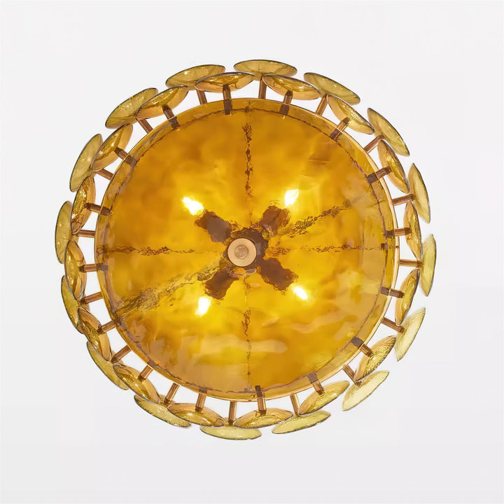 Stylish round chandelier with clear glass shades and brushed metal frame.