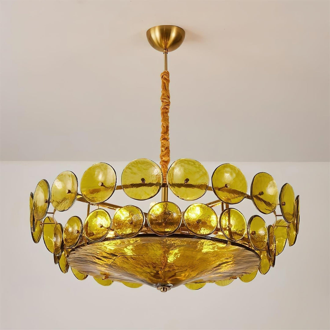 Unlit round glass and metal chandelier showcasing its elegant modern design.