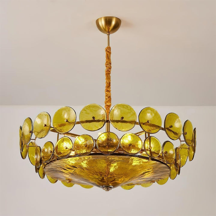 Unlit round glass and metal chandelier showcasing its elegant modern design.