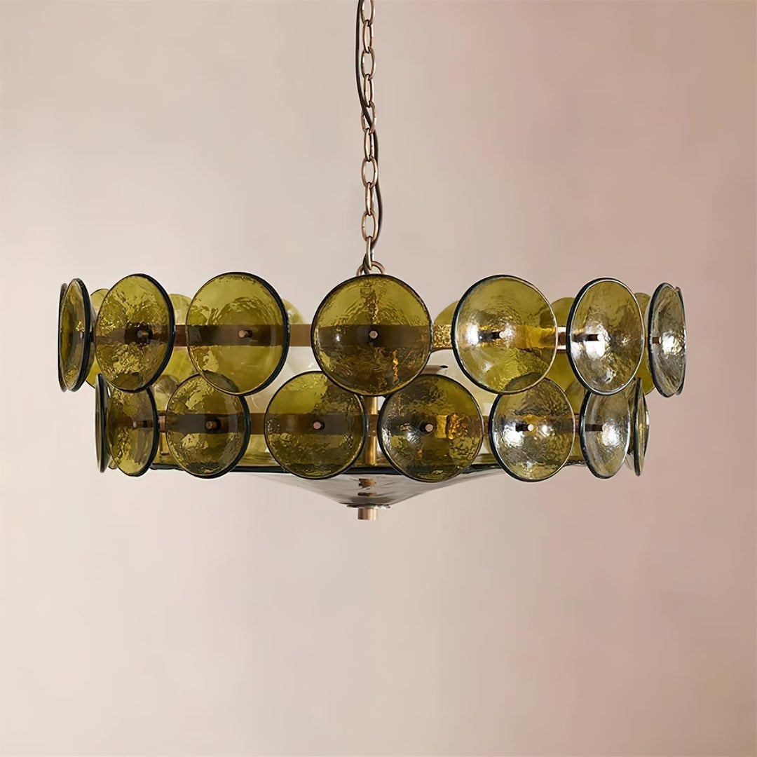 Unique round glass & metal chandelier, blending modern design with classic elegance.