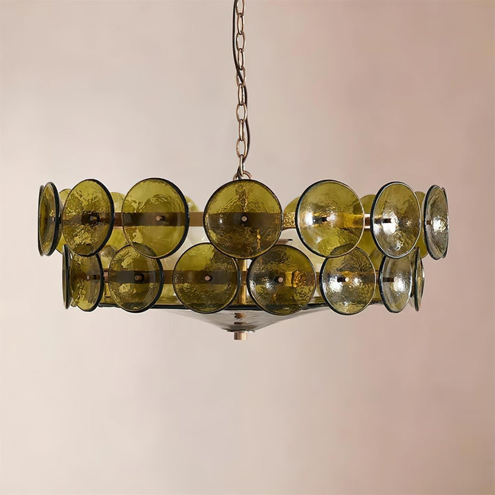 Unique round glass & metal chandelier, blending modern design with classic elegance.