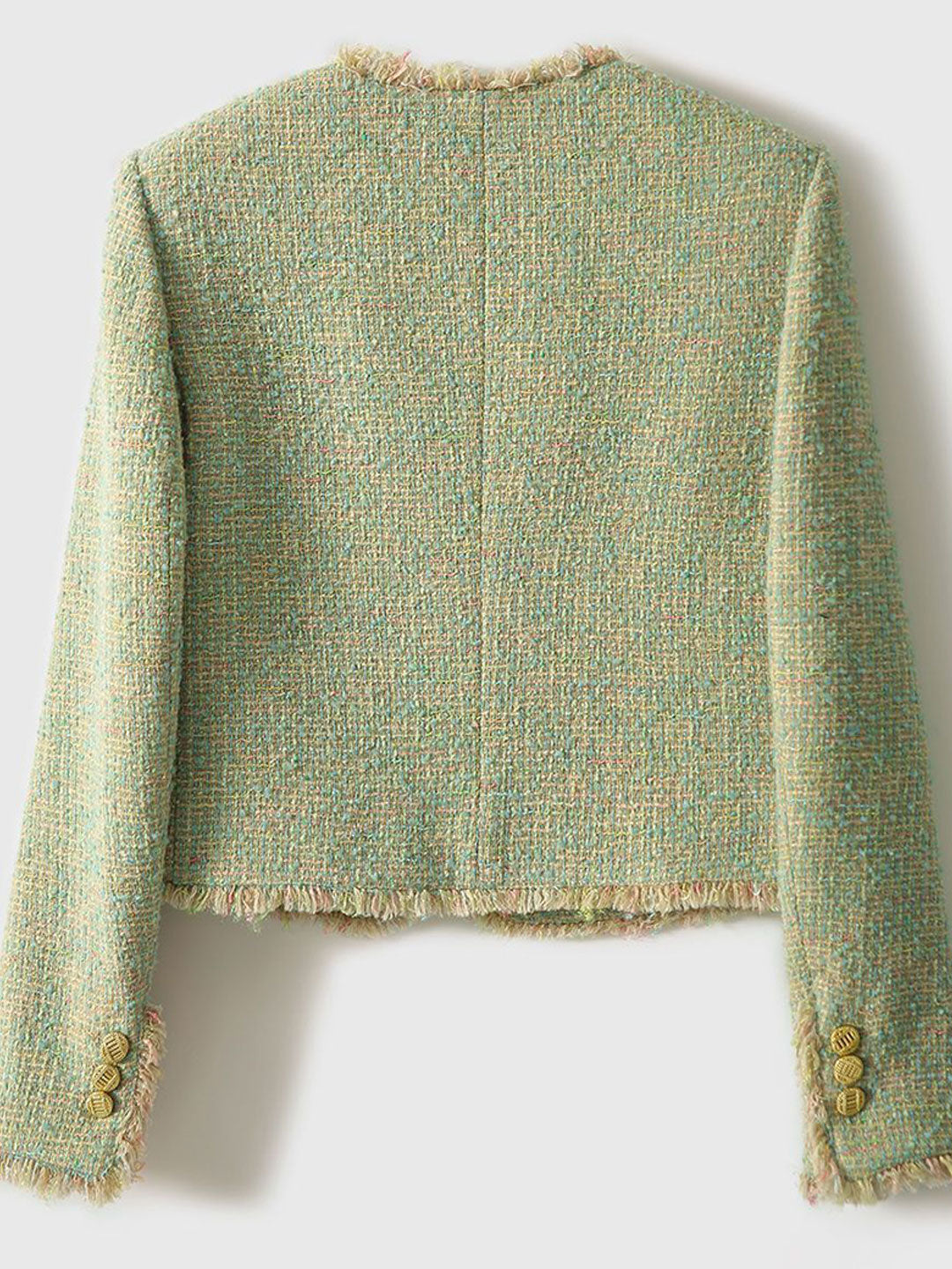Chic women's tweed jacket, round neck design in black, embodying elegant and classic fashion.