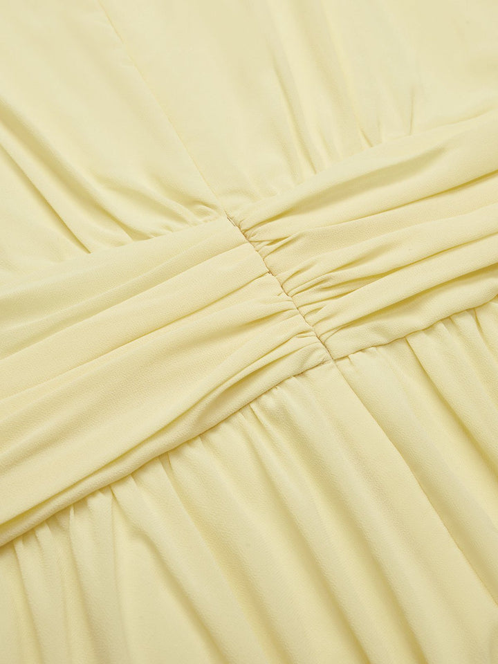 Women's special occasion A-line maxi dress with ruched waist detail.