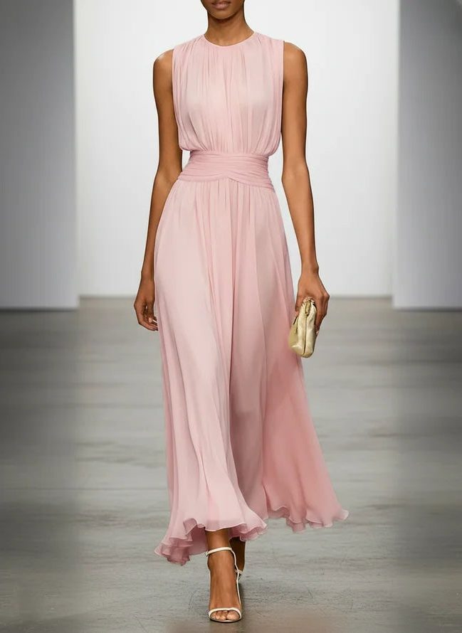Beautiful A-line party dress, ruched waist, elegant for women.