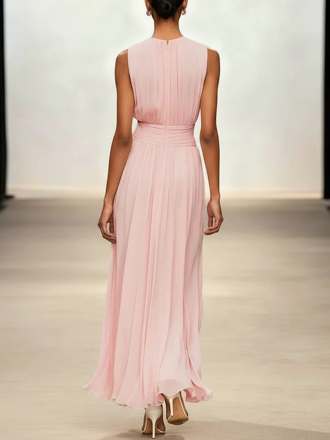 Summer wedding guest maxi dress, sleeveless, ruched, A-line style.