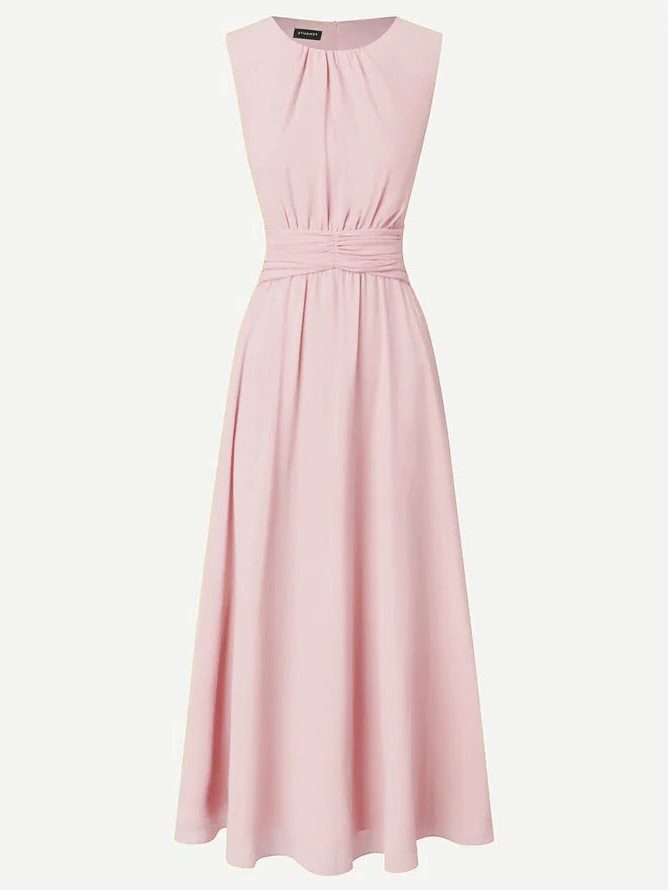 Elegant crew neck A-line maxi dress, ruched waist for women.