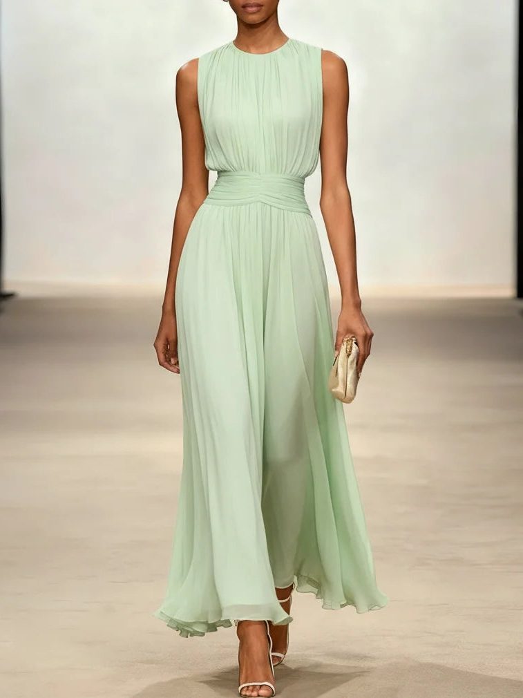 Sophisticated sleeveless maxi dress, ruched waist, elegant A-line.