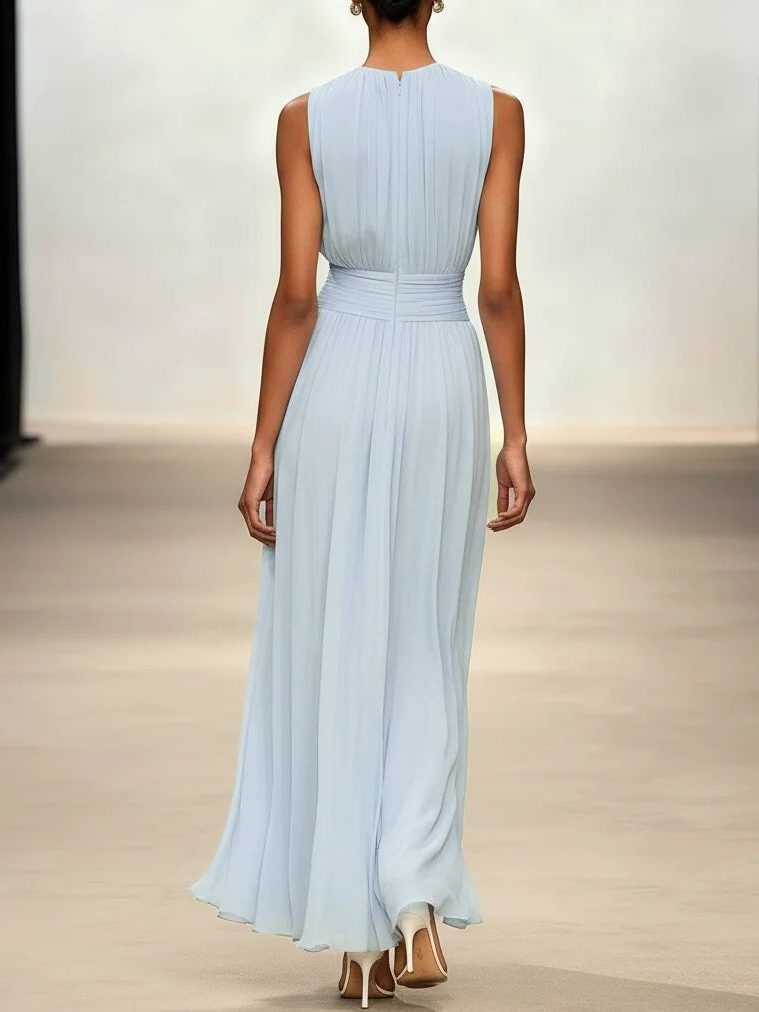 Women's sleeveless maxi dress with elegant ruched waist design.