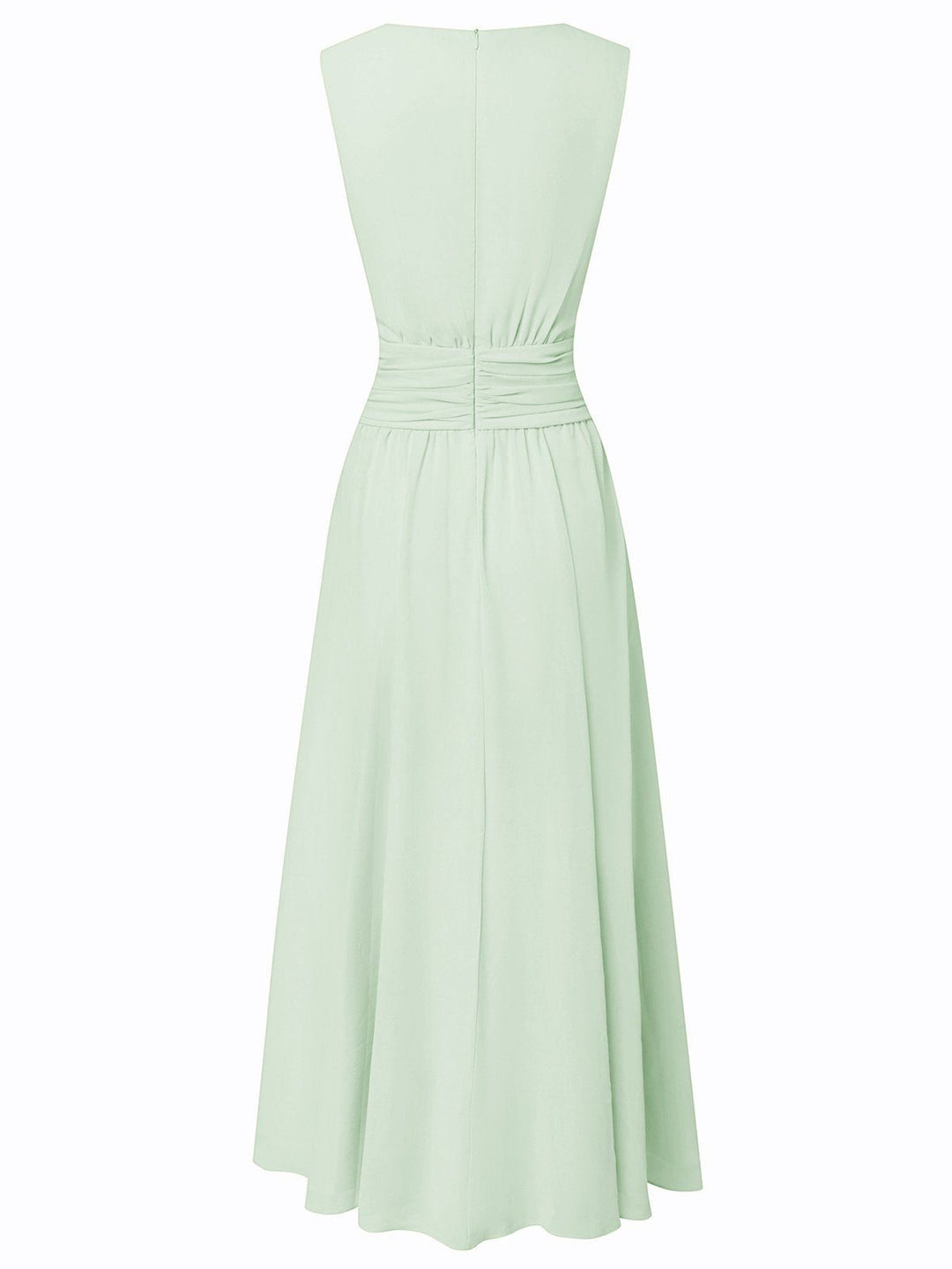 Formal A-line sleeveless dress, ruched detailing, elegant for women.
