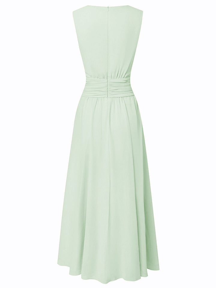 Formal A-line sleeveless dress, ruched detailing, elegant for women.