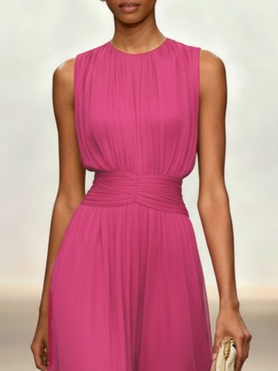 Wedding guest A-line maxi dress, ruched waist, formal elegance.