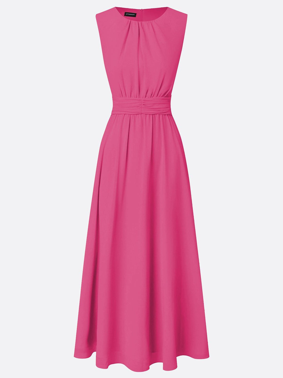 Sleeveless crew neck ruched maxi dress, A-line for formal wear.