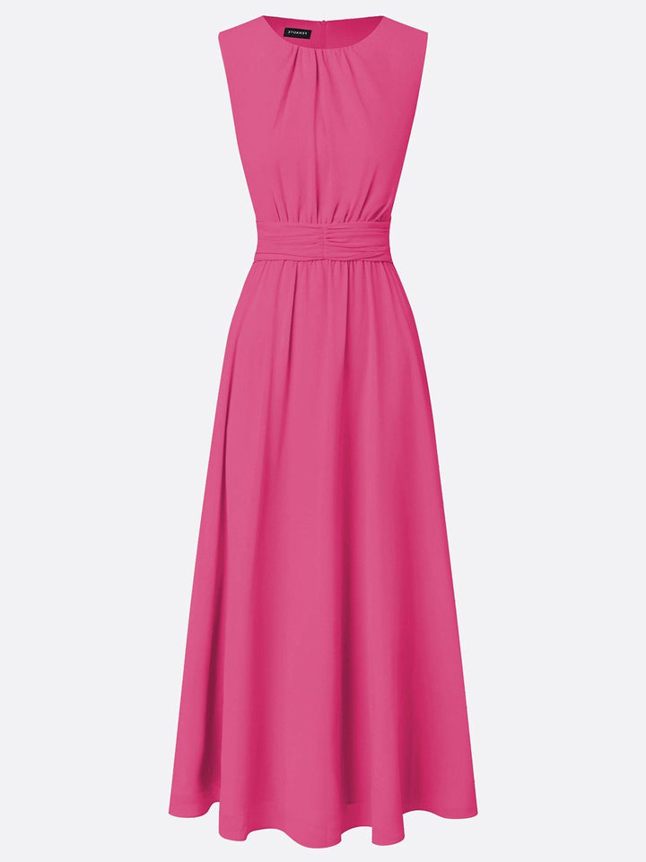 Sleeveless crew neck ruched maxi dress, A-line for formal wear.