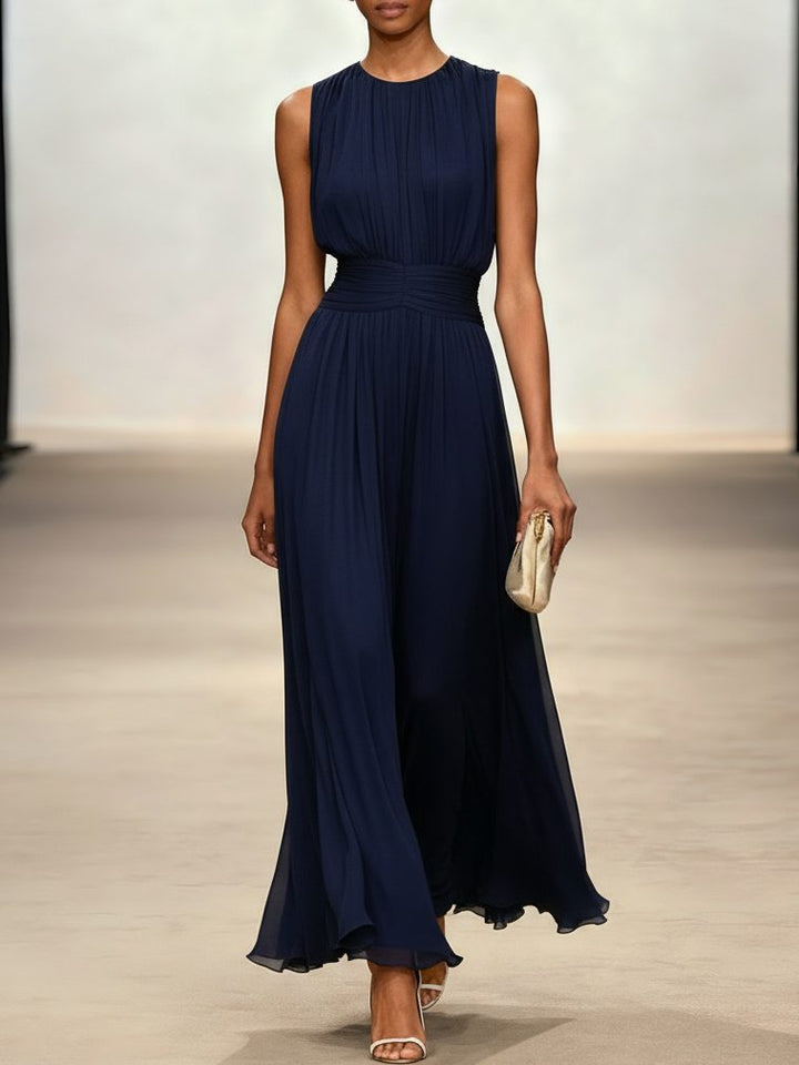Summer formal A-line dress, ruched waist, elegant for guests.