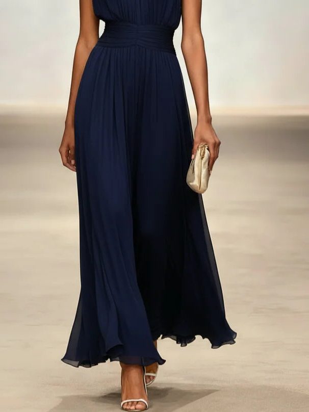 Women's party wear A-line ruched maxi dress, perfect for summer.